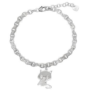 Sterling Silver Satin Finish Belcher Link With Dangle Cat Bracelet