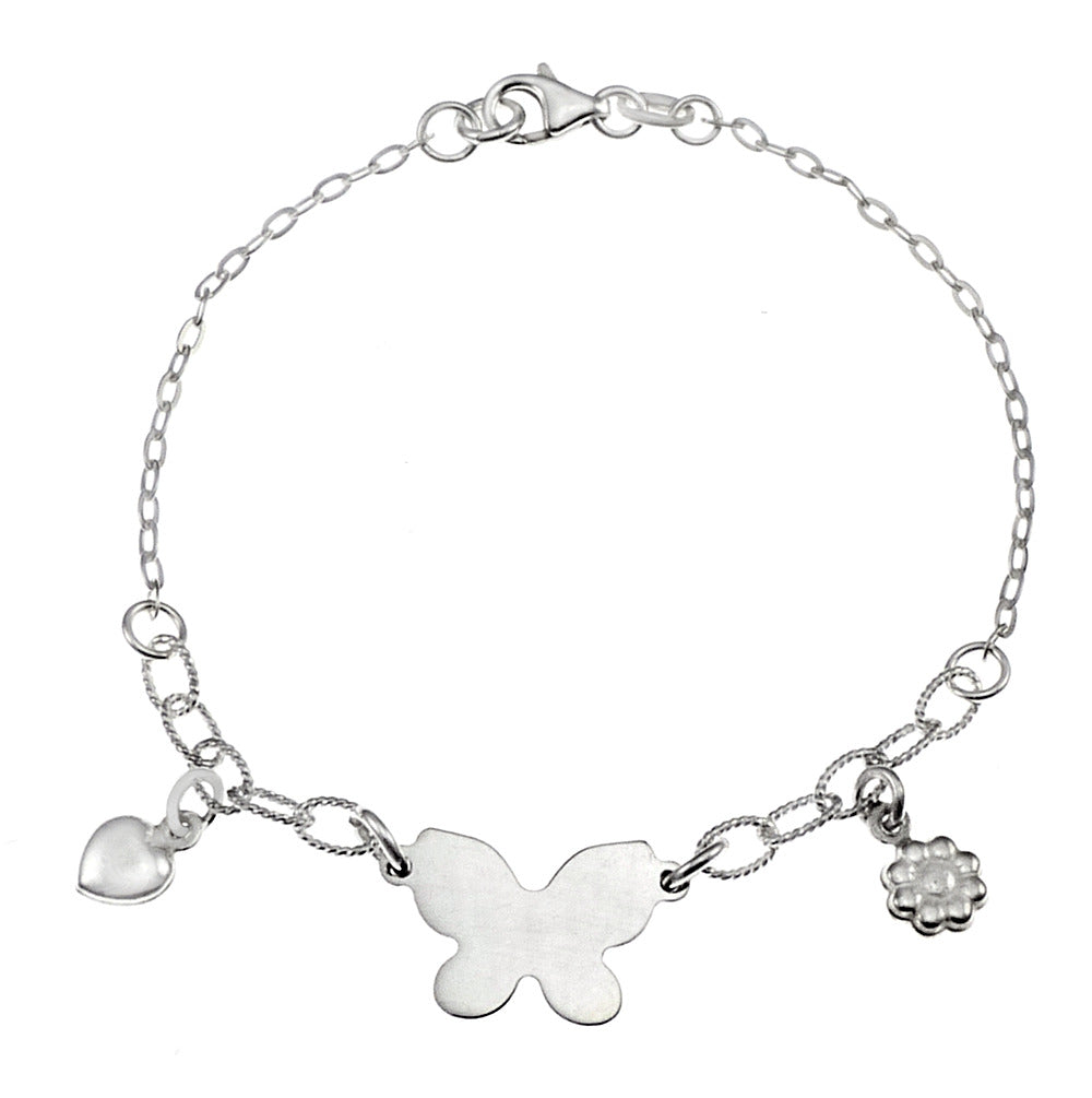 Italian Sterling Silver Butterfly With Flower And Heart Bracelet