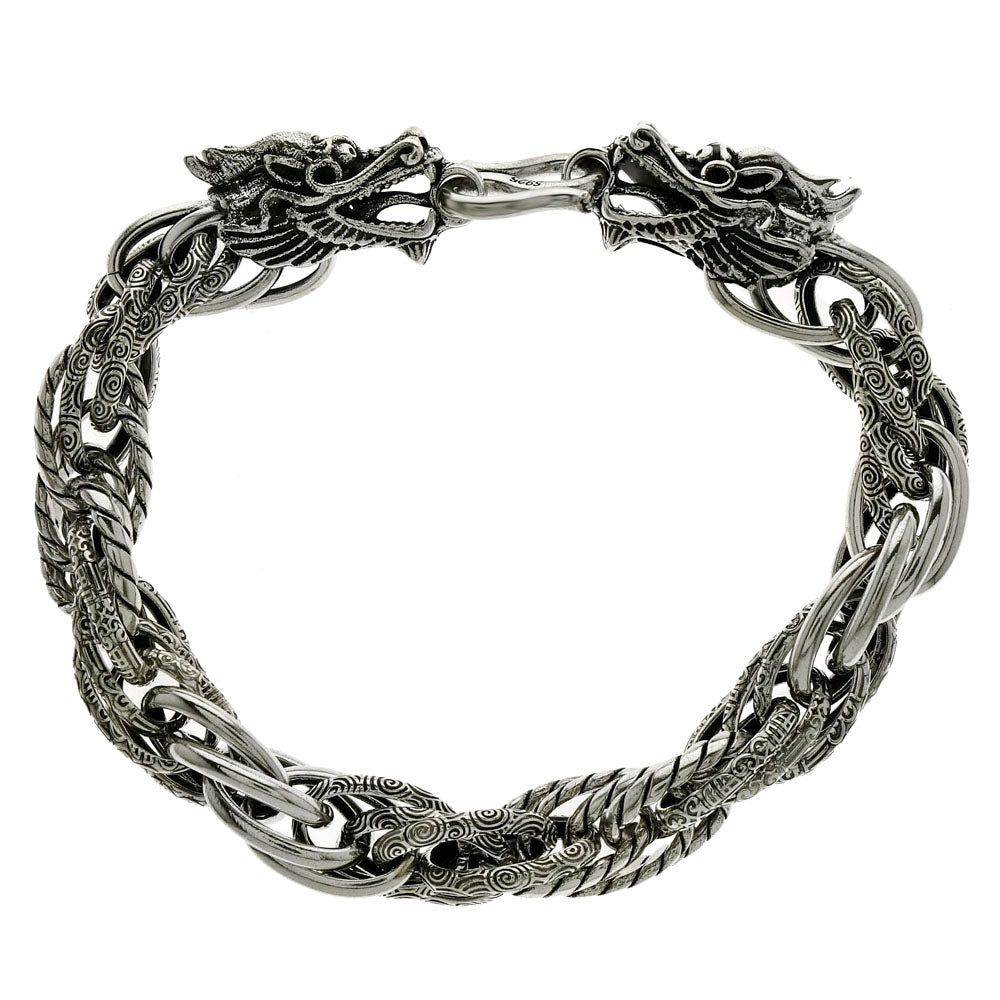 Sterling Silver Double Dragon Head Oxidized Bracelet