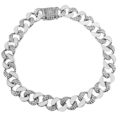 Sterling Silver Rhodium CZ Curb Bracelet Width-8mm, Length-8inch