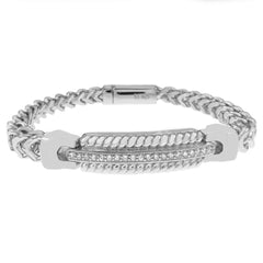 Sterling Silver Rhodium Hollow Franco With Fancy CZ Bar Bracelet Width-6.5mm, Length-8inch