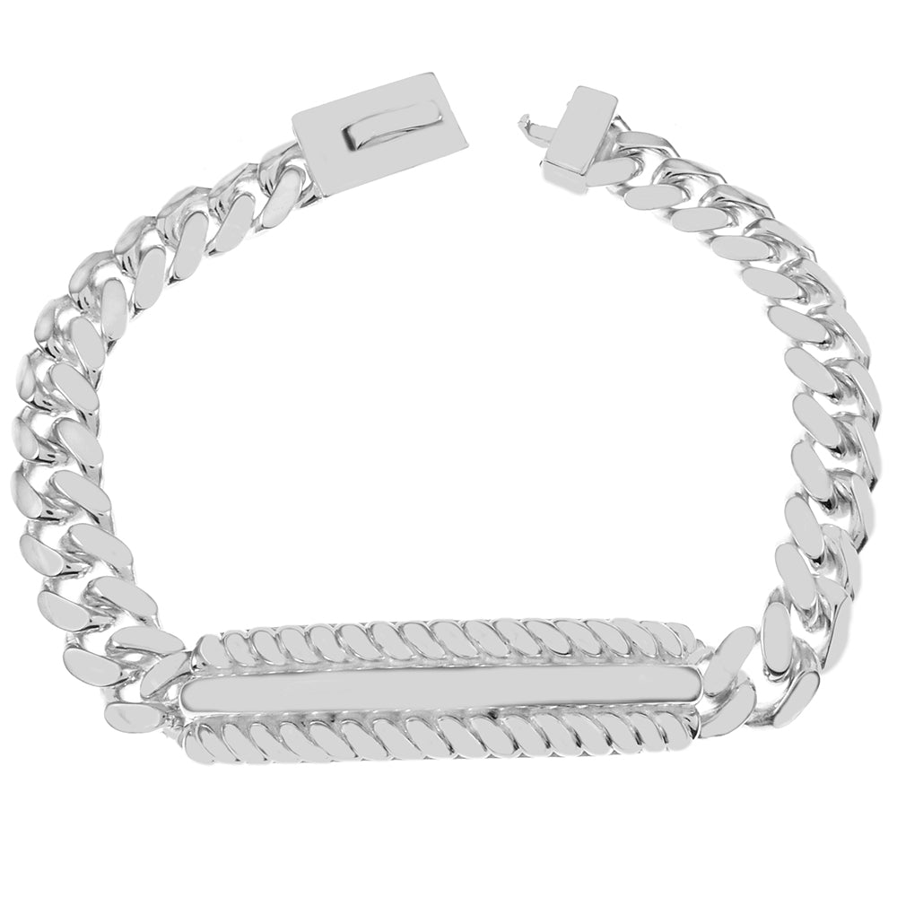 Sterling Silver Miami Cuban Fancy Bar Engravable Bracelet Width-7mm, Length-8inch