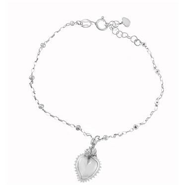 Sterling Silver Fancy Bead Chain With Dangle Crown Heart Necklace And Bracelet