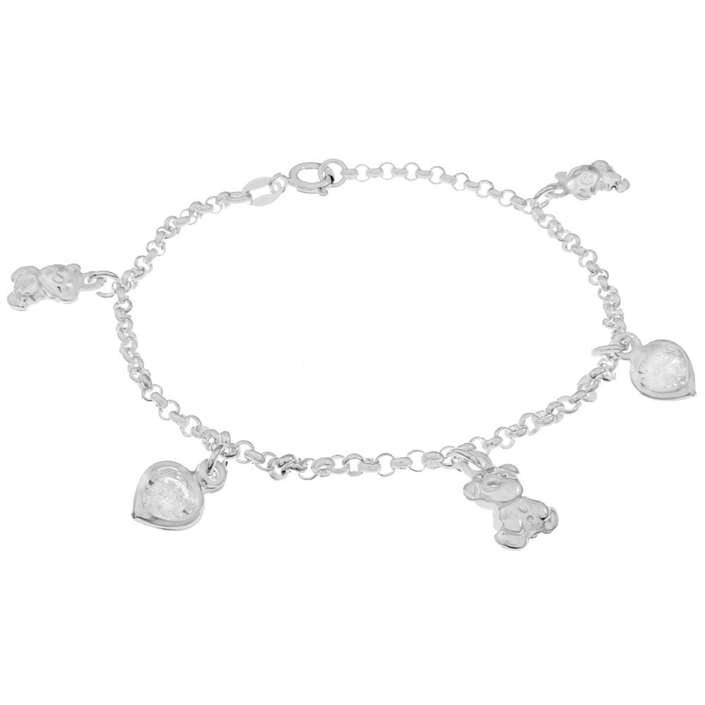 Italian Sterling Silver Crystal And Dangle Bear Charm Bracelet