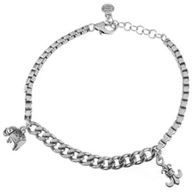 Load image into Gallery viewer, Sterling Silver Curb Box Chain With Elephant Fleur De Lis Charm Bracelet Length-7.5mm, Width-5mm