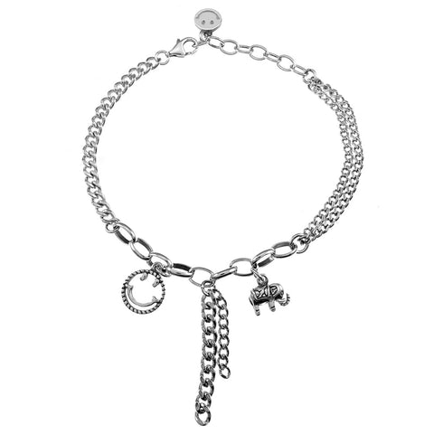 Sterling Silver Smiley Emoji Elephant Link Chain Bracelet Length-7+1inch