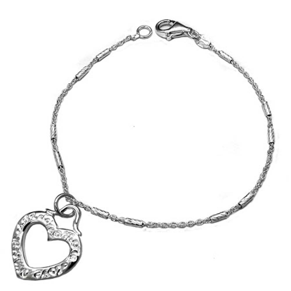 Sterling Silver Italian Design Heart Bracelet with Bracelet Length of 177.8MM and Heart Charm Dimension of 17.46MMx25.4MM