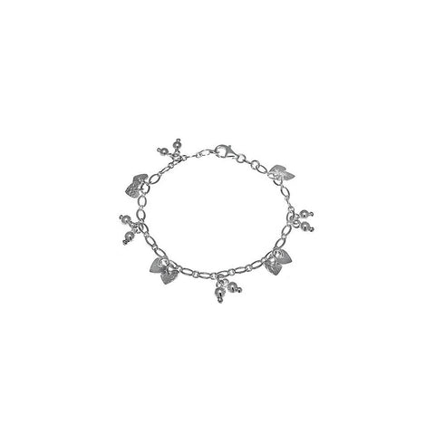 Italian Sterling Silver Hammer-Cut Double Hearts and Bead Charms Bracelet with Bracelet Dimensions of 3.5MMx177.8MM and Lobster Clasp Closure