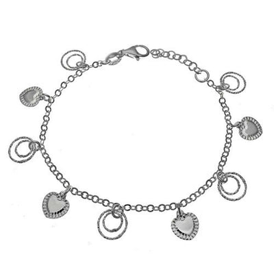 Italian Sterling Silver Rolo Diamond Cut Dangling Heart Bracelet with Bracelet Length of  7  Plus Extension of 1  and Lobster Claw Clasp