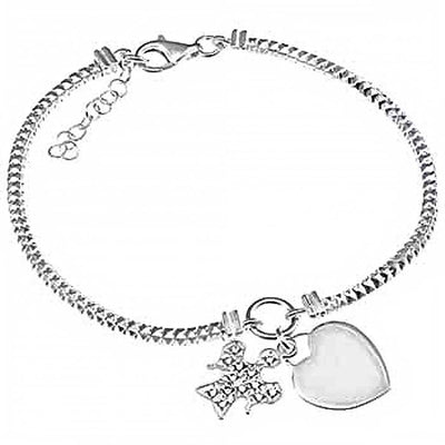 Italian Sterling Silver Stylish Engravable Heart and Crystal Angle Bracelet with Bracelet Length of 7 And Plus Extension of 1  and Lobster Claw Clasp