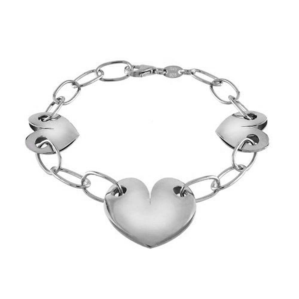 Italian Sterling Silver Rhodium Finished 3 Polish Hearts Bracelet with Bracelet Dimension of 7MMx177.8MM