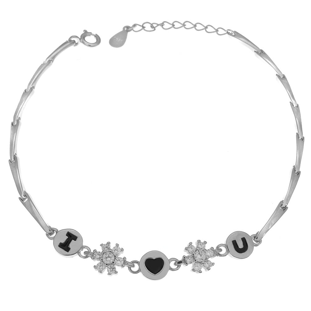 Sterling Silver Flower CZ Enamel Rhodium Bracelet