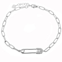 Load image into Gallery viewer, Sterling Silver Rhodium 3.5mm Paperclip Chain CZ Safety Pin Bracelet Length-7-1inch, Width-6mm