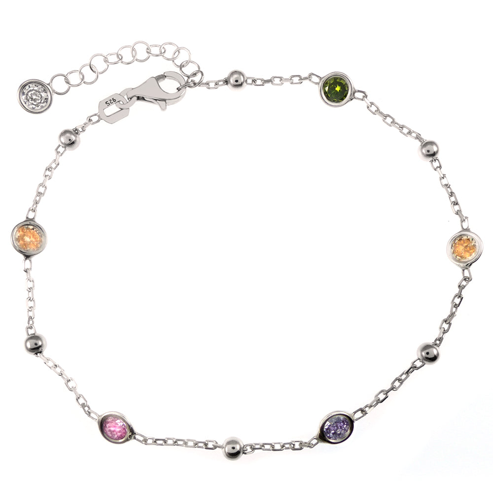 Sterling Silver Multi Color Bezel Set CZ Rhodium Bracelet Width-4mm, Length-7+1inch