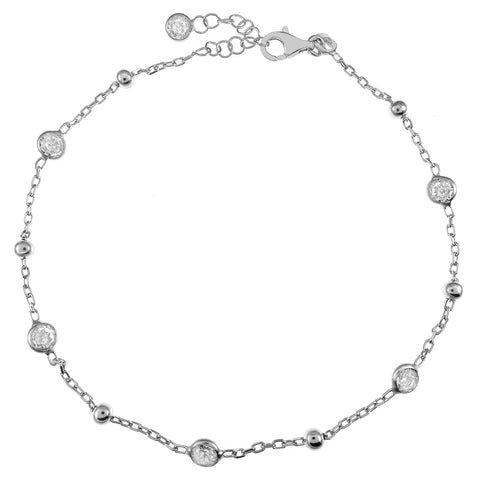 Sterling Silver Bezel Set CZ Rhodium Bracelet Width-4mm, Length-7+1inch