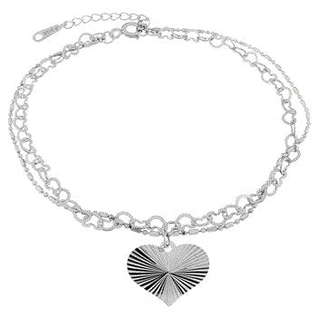 Sterling Silver Heart and Bead Double Strands With Diamond Cut Heart Rhodium Bracelet
