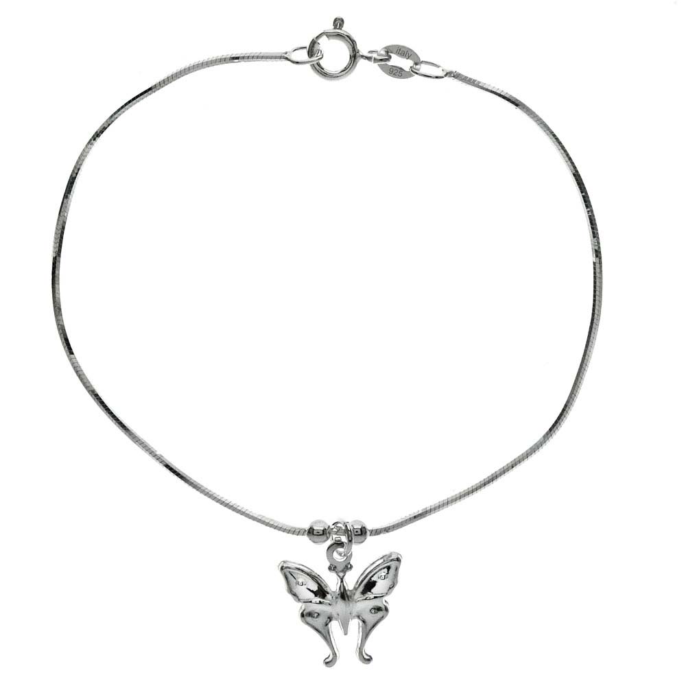 Italian Sterling Silver Diamond Cut Snake Chain with Butterfly Charm Bracelet, Bracelet Dimension of 3MMx177.8MM