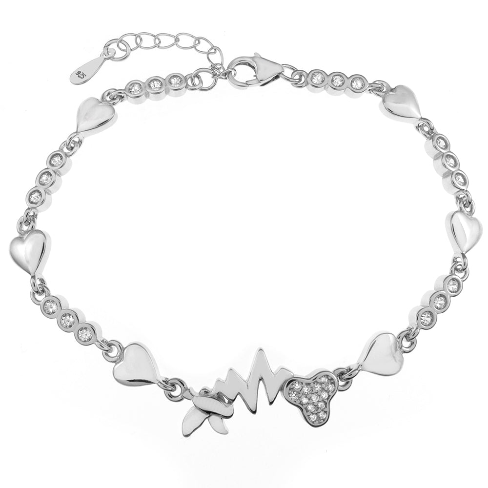 Sterling Silver Rhodium Heart With 3mm Round Bezel CZ Bracelet Length-7+1inch, Width-6mm