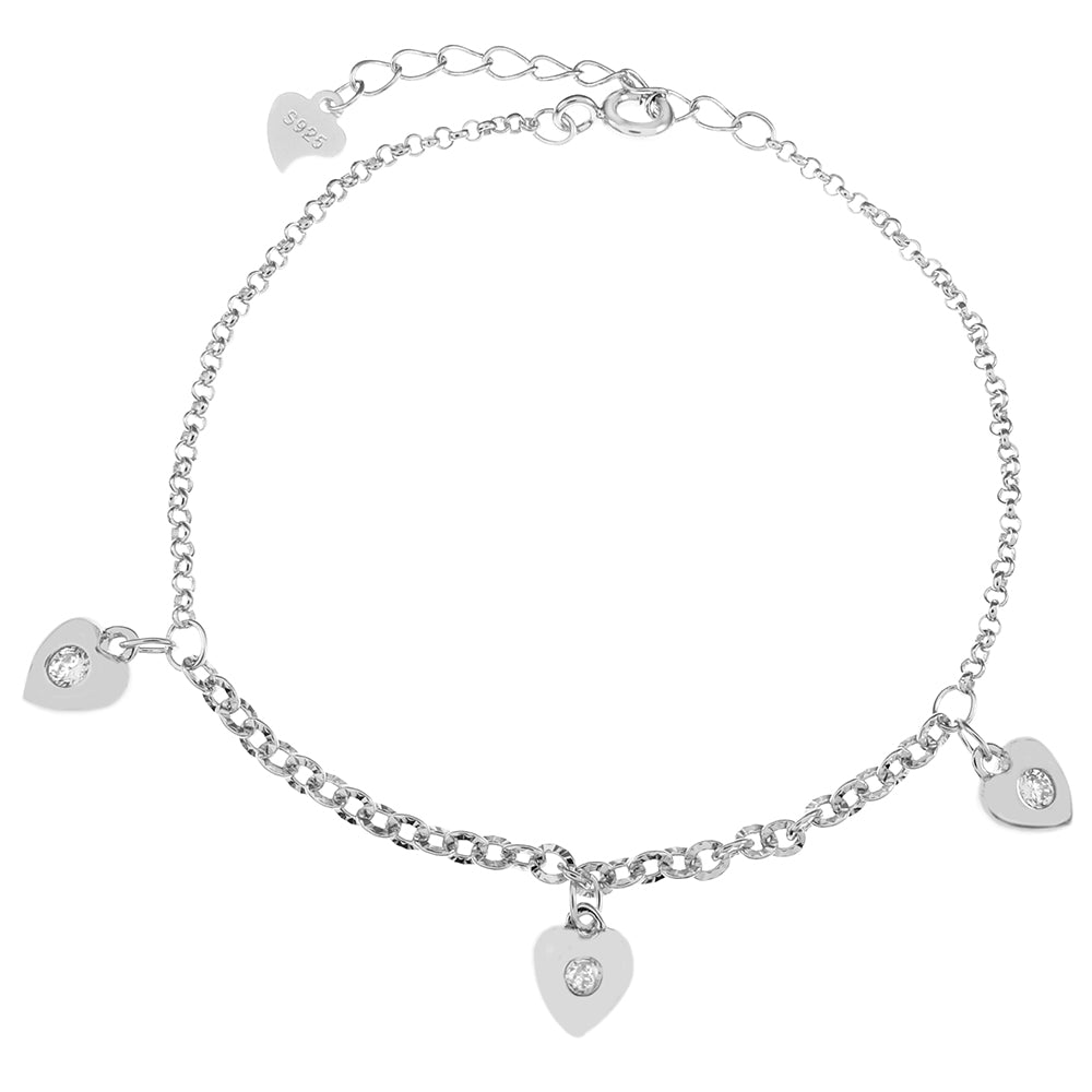 Sterling Silver Small CZ Heart Rhodium Charm Bracelet Length-6+1inch