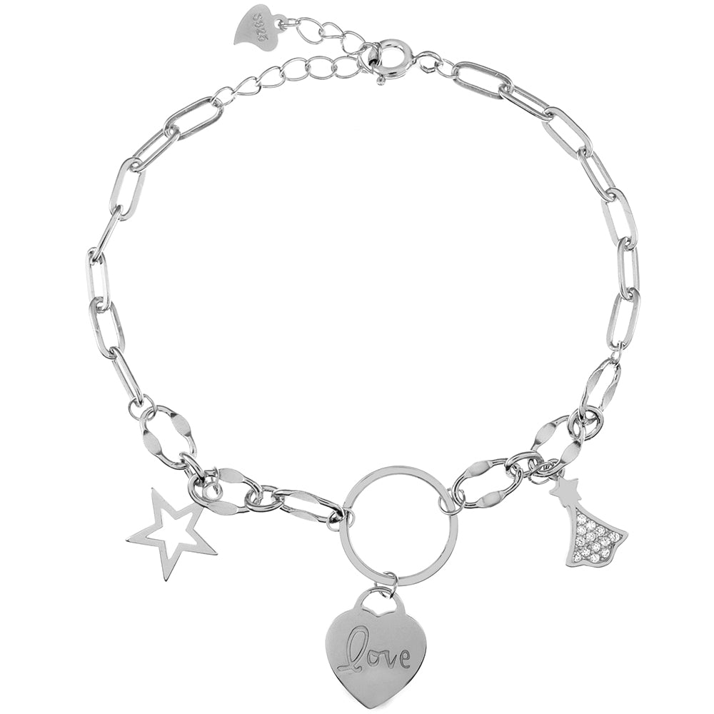 Sterling Silver Rhodium Heart Star Charm Bracelet Length-7inch