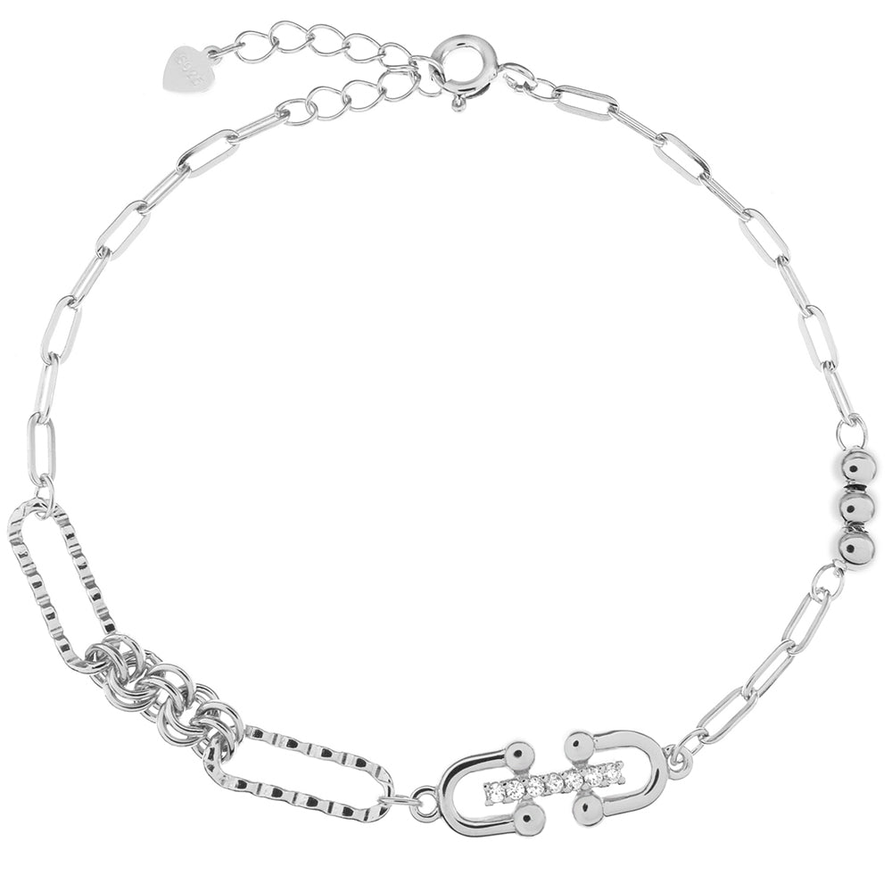 Sterling Silver Rhodium Fancy Thin Paperclip CZ Bracelet Length-6+1inch