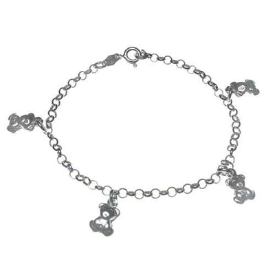 Italian Sterling Silver 4 Teddy Bear Charm Bracelet with Bracelet Dimension of 3MMx177.8MM