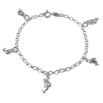 Italian Sterling Silver 5 Dolphin Charm Bracelet with Bracelet Dimension of 3MMx177.8MM