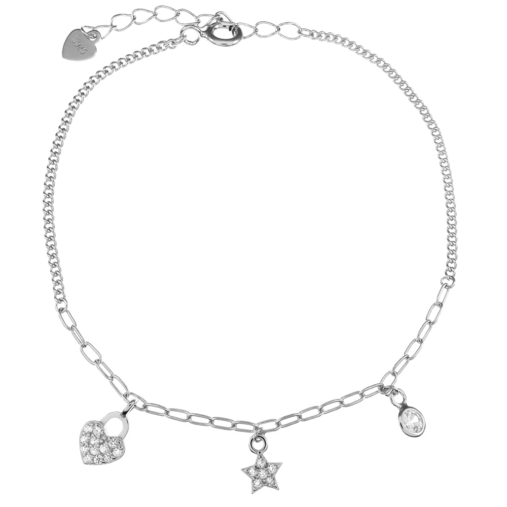 Sterling Silver Rhodium Small Heart Star Round CZ Charm Bracelet Length-7inch