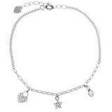 Sterling Silver Rhodium Small Heart Star Round CZ Charm Bracelet Length-7inch