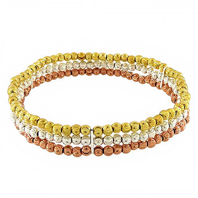 Italian Sterling Silver 3 Tone Moon Diamond Cut Beads Stretchable Bracelet with Bracelet Dimension of 7MMx177.8MM