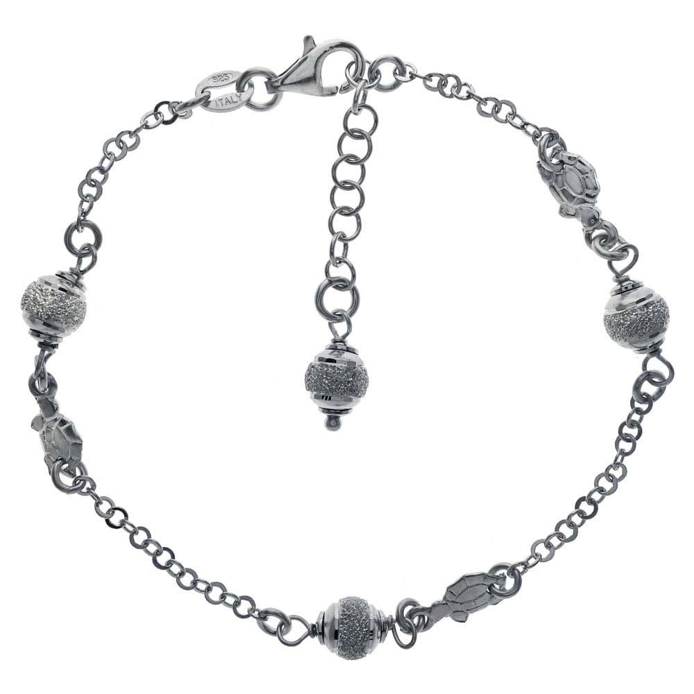 Italian Sterling Silver 3 Turtles and Diamond-Cut Balls BraceletAnd Adjustable Bracelet Length of 177.3MM to 203.2MM and Ball Width of 5.5MM