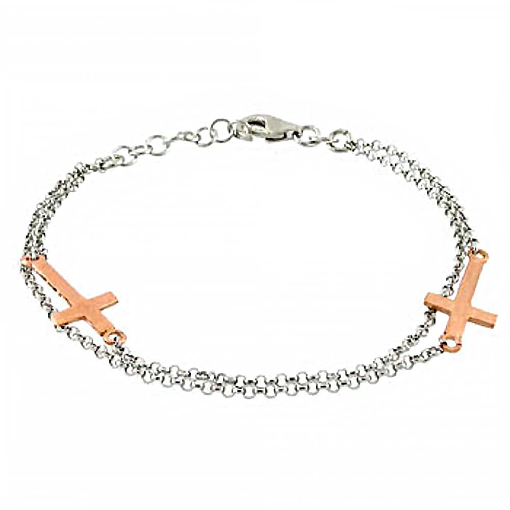 Italian Sterling Silver Rhodium Plated Rolo Chain Bracelet with 2 Rose Gold CrossAnd Bracelet Dimension of 1MMx177.8MM and an Extension of 25.4MM