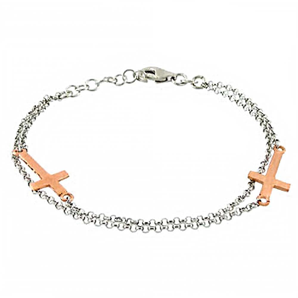 Italian Sterling Silver Rhodium Plated Rolo Chain Bracelet with 2 Rose Gold CrossAnd Bracelet Dimension of 1MMx177.8MM and an Extension of 25.4MM
