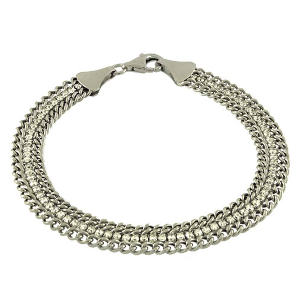 Italian Sterling Silver Round Cz with 2 Curb Chain BraceletAnd Bracelet Dimension of 7MMx184.15MM