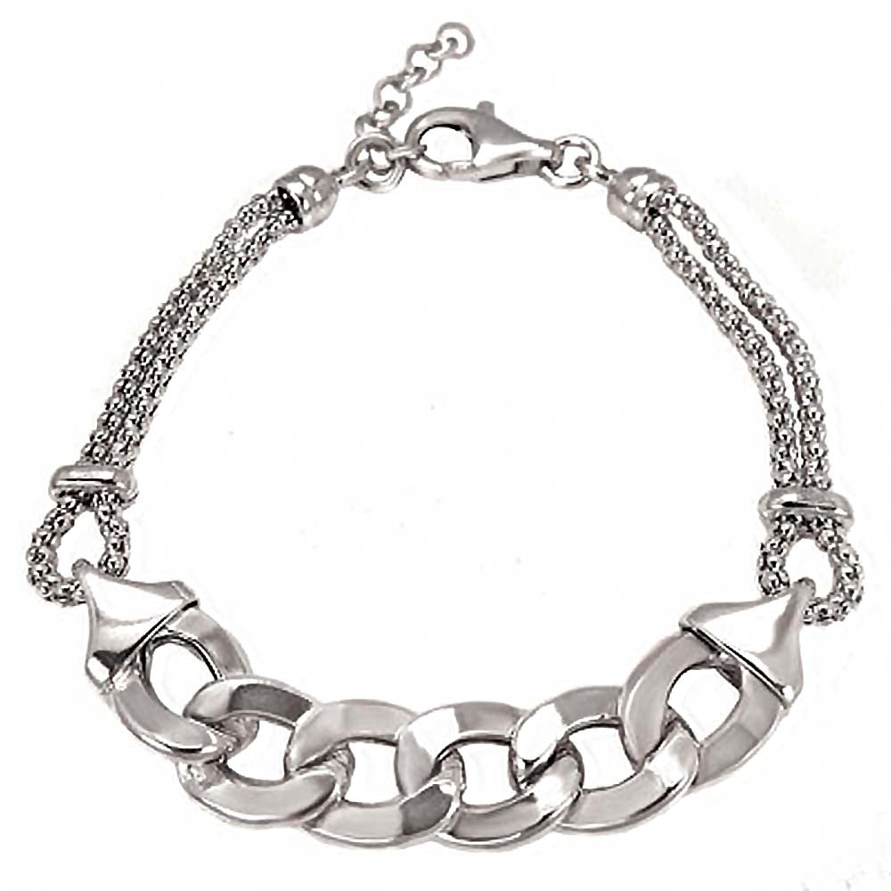 Italian Rhodium Plated Sterling Silver Hollow Curb and Popcorn Chain Bracelet with Bracelet Dimensions of 10MMx177.8MM and Lobster Clasp ClosureAnd Extra Length of 1