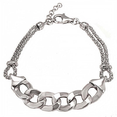 Italian Rhodium Plated Sterling Silver Hollow Curb and Popcorn Chain Bracelet with Bracelet Dimensions of 10MMx177.8MM and Lobster Clasp ClosureAnd Extra Length of 1