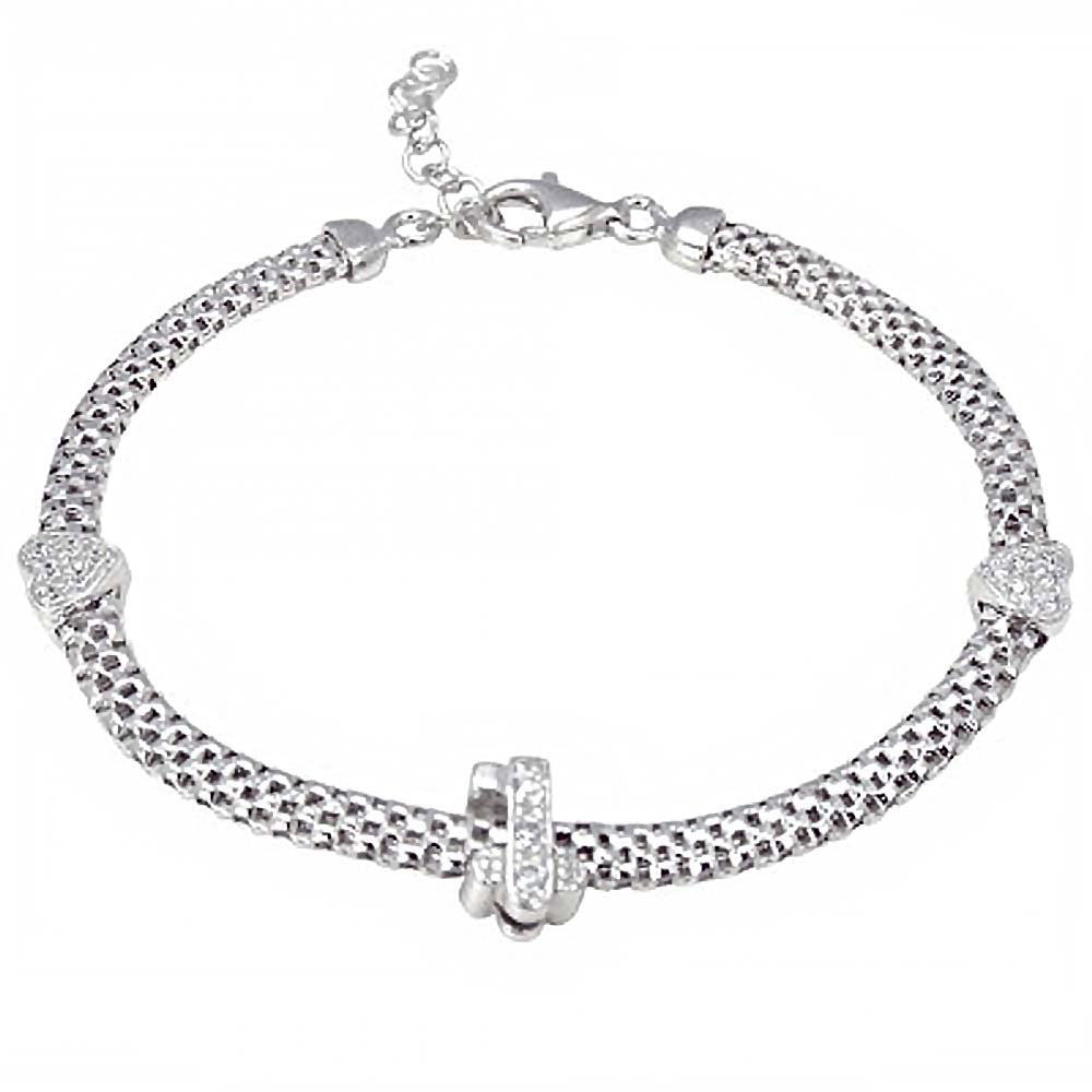 Italian Rhodium Plated Sterling Silver Clear Cz Key-Hearts Bizmark Bracelet with Bracelet Dimensions of 5MMx177.8MM and Lobster Clasp ClosureAnd Extra Length of 1