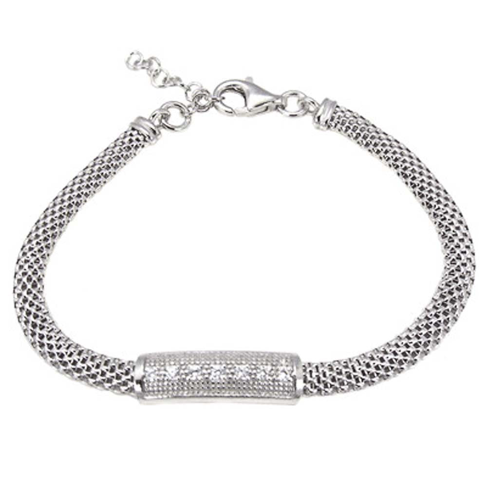 Italian Rodium Plated Sterling Silver Clear Cz Tag Bizmark Bracelet with Bracelet Dimensions of 11MMx177.8MM and Lobster Clasp ClosureAnd Extra Length of 1