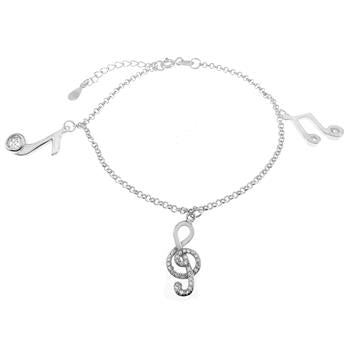 Sterling Silver CZ Music Note Rhodium Charm Bracelet