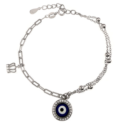 Sterling Silver Rhodium Evil Eye Charm Bracelet Length-7+1inch