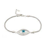 Sterling Silver Double Box Chain Bracelet with Evil Eye and CzAnd Bracelet Adjustable Length from 158.75MM to 190.5MMAnd Eye width of 20MM and Face Height of 11MM