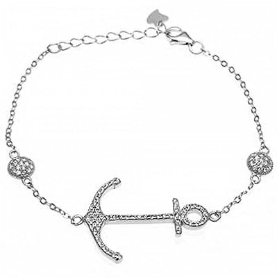 Sterling Silver Clear CZ Anchor Bracelet with Bracelet Length of 6  and Bracelet Width of 20MMAnd Adjustable Length up to 7 And Lobster Clasp