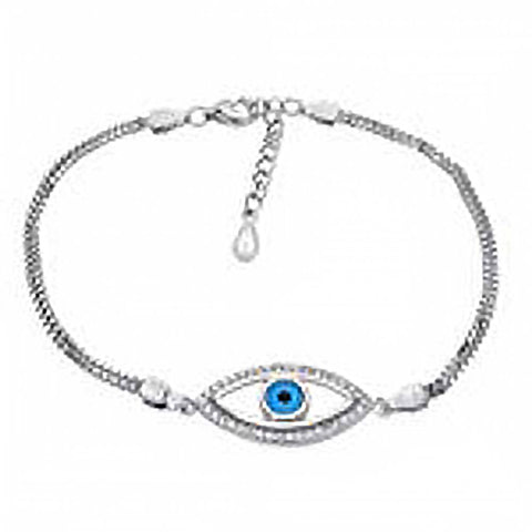 Sterling Silver Double Box Chain W. Evil Eye & CZ Rhodium BraceletAnd Length 6.5 inch