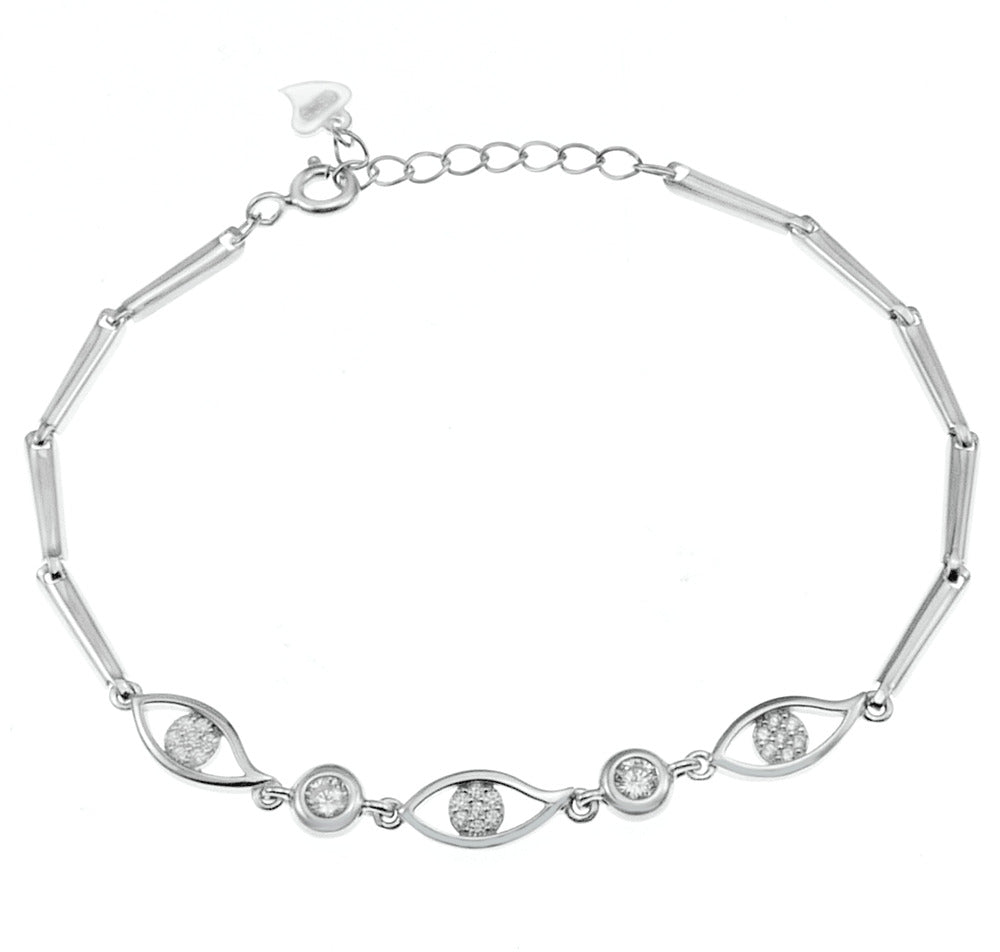 Sterling Silver Round CZ Bezel Set And Pave CZ Eyes Rhodium Bracelet