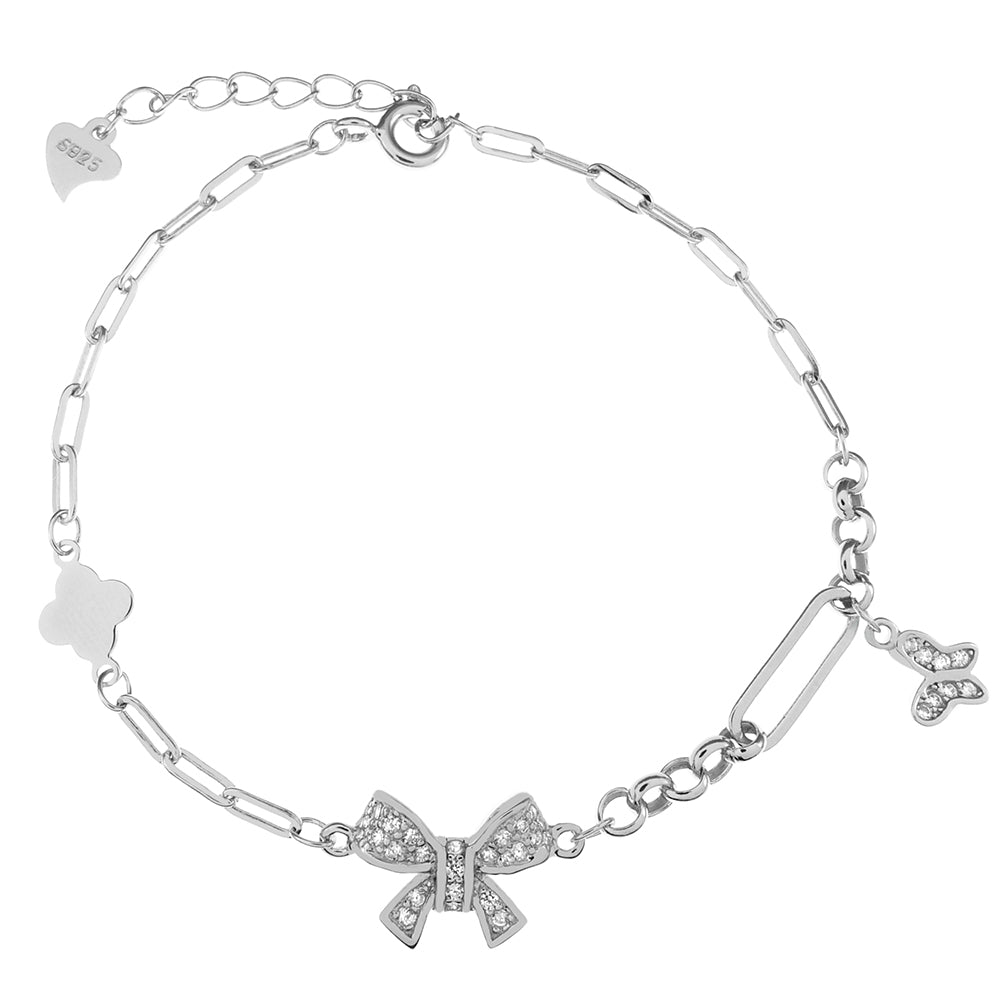 Sterling Silver Rhodium CZ Bow Butterfly Bracelet Length-7inch