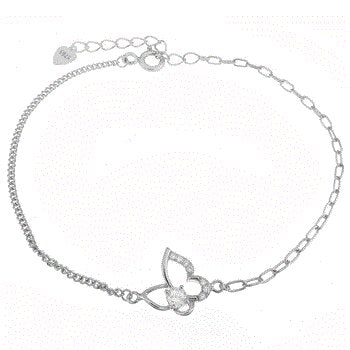 Sterling Silver Thin Curb-Paperclip with CZ Butterfly Rhodium Bracelet