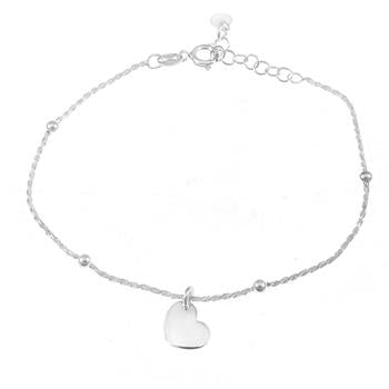 Sterling Silver Thin Rope Bead Chain With Dangle Heart Bracelet