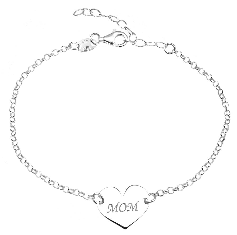 Sterling Silver Rolo Diamond Cut Mom Engraveable Heart Bracelet