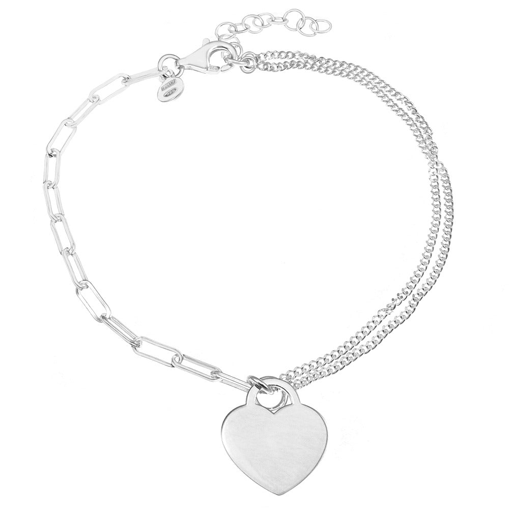 Sterling Silver Double Curb And Paperclip Chain With Engraveable Heart Bracelet