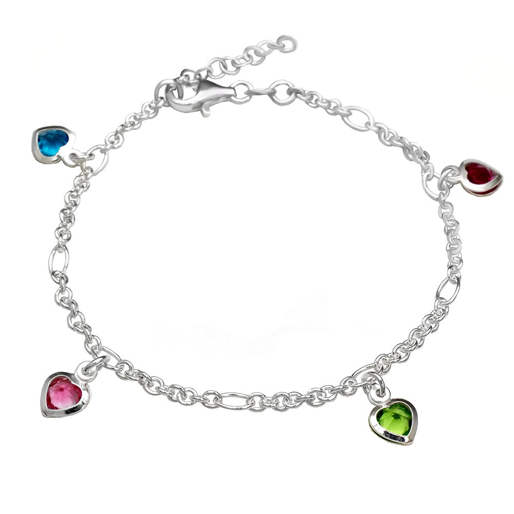 Sterling Silver Multi Colors Austria Heart Crystal Bracelet Length-7+1inch, Width-2.5mm